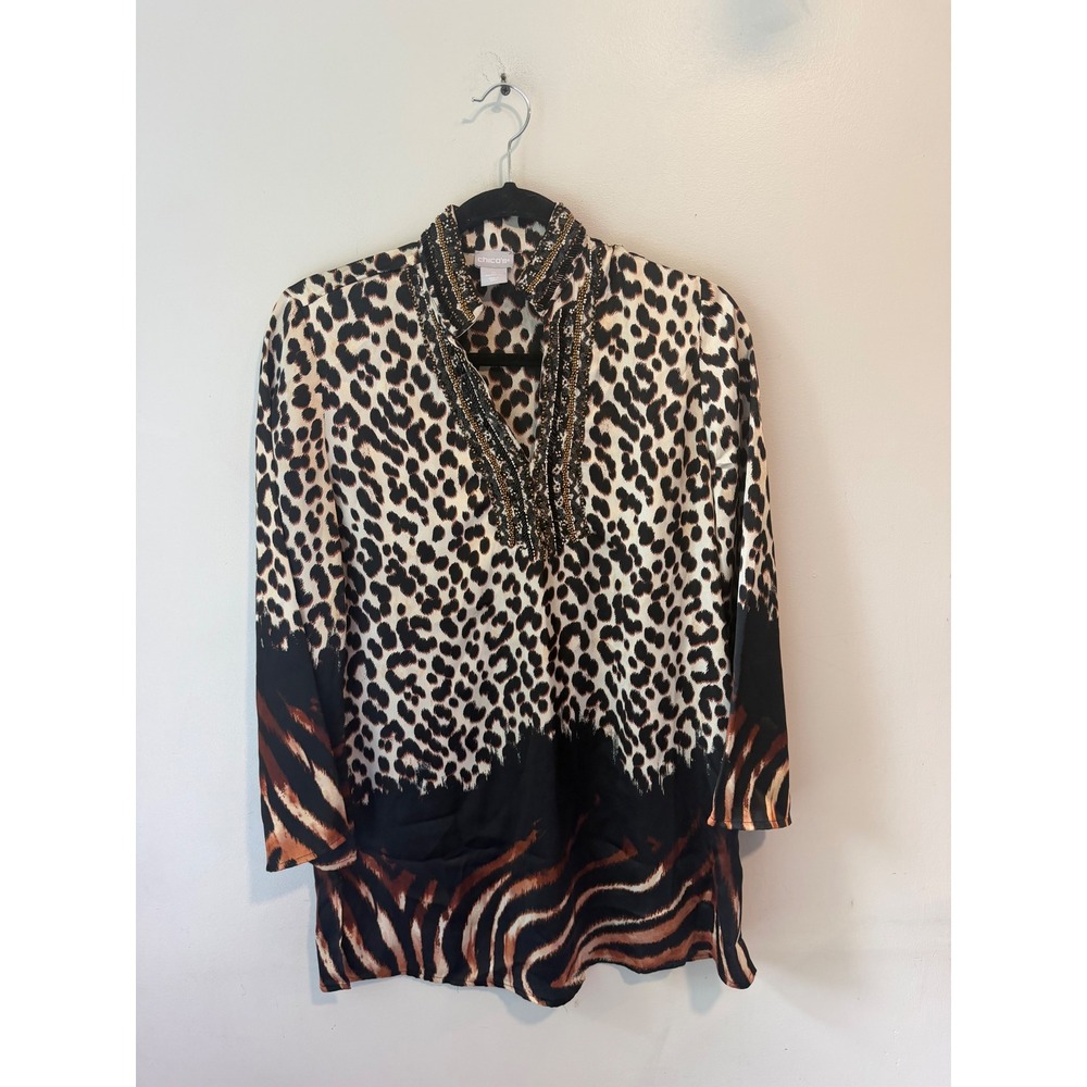 Chicos Animal Print Beaded Tunic Blouse Leopard Zebra V-Neck Top Size 0 S 4/6‎